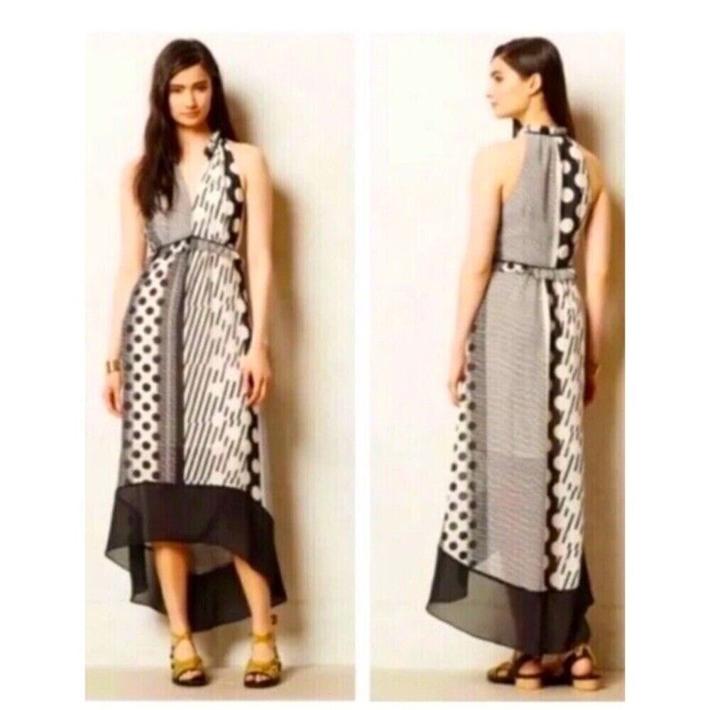 Anthropologie Maeve Halter Black Cream Dot Print Maxi Dress High Low Hem Sz Xs
